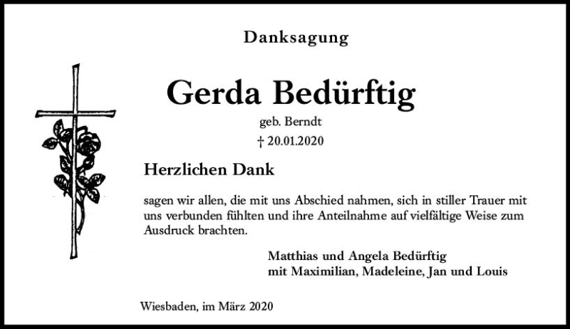  Traueranzeige für Gerda Bedürftig vom 21.03.2020 aus vrm-trauer