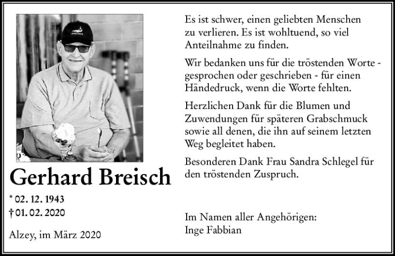  Traueranzeige für Gerhard Breisch vom 14.03.2020 aus vrm-trauer