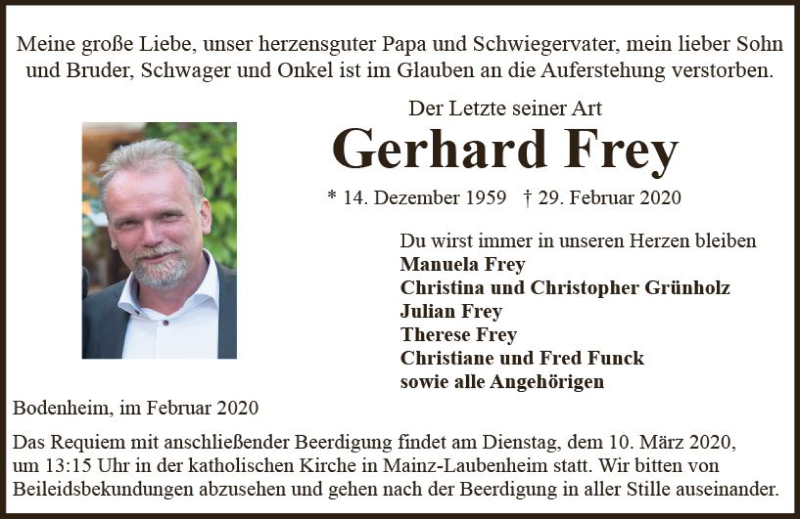  Traueranzeige für Gerhard Frey vom 07.03.2020 aus vrm-trauer
