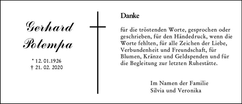  Traueranzeige für Gerhard Potempa vom 13.03.2020 aus vrm-trauer