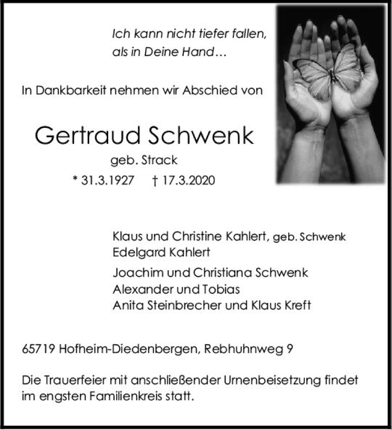  Traueranzeige für Gertraud Schwenk vom 27.03.2020 aus vrm-trauer