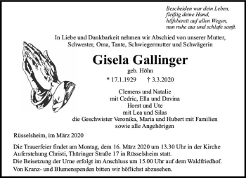 Traueranzeige von Gisela Gallinger von vrm-trauer