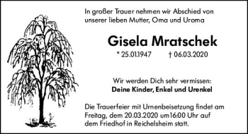 Traueranzeige von Gisela Mratschek von vrm-trauer
