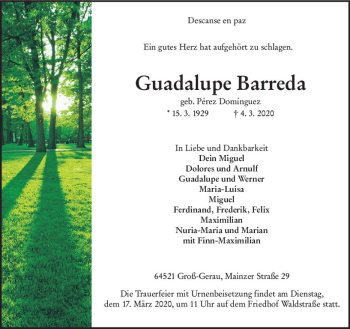 Traueranzeige von Guadalupe Barreda von vrm-trauer