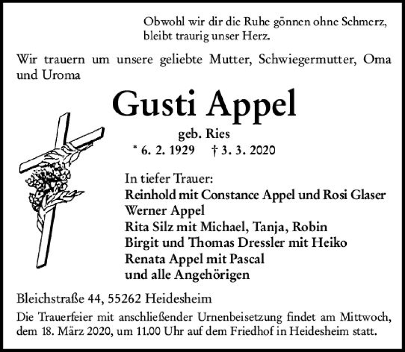  Traueranzeige für Gusti Appel vom 14.03.2020 aus vrm-trauer