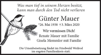 Traueranzeige von Günter Mauer von vrm-trauer