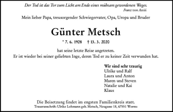 Traueranzeige von Günter Metsch von vrm-trauer