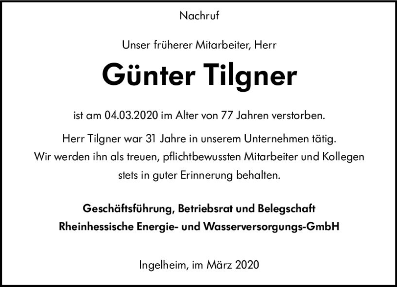  Traueranzeige für Günter Tilgner vom 14.03.2020 aus vrm-trauer
