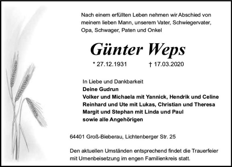  Traueranzeige für Günter Weps vom 21.03.2020 aus vrm-trauer