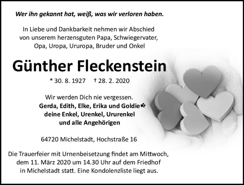  Traueranzeige für Günther Fleckenstein vom 07.03.2020 aus vrm-trauer