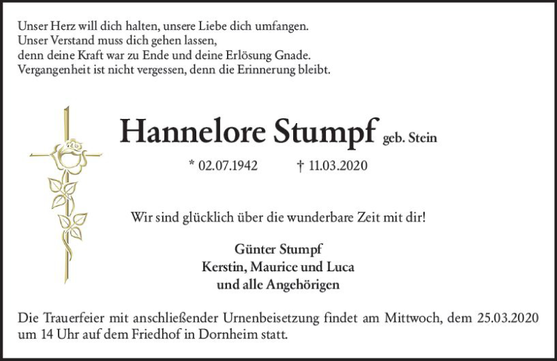  Traueranzeige für Hannelore Stumpf vom 21.03.2020 aus vrm-trauer