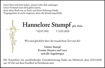 Traueranzeige von Hannelore Stumpf von vrm-trauer