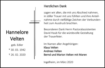 Traueranzeige von Hannelore Velten von vrm-trauer