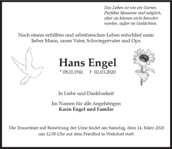 Traueranzeige von Hans Engel von vrm-trauer
