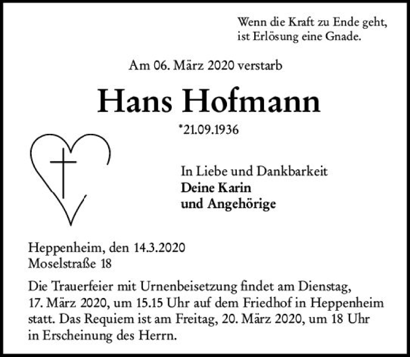  Traueranzeige für Hans Hofmann vom 14.03.2020 aus vrm-trauer