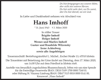 Traueranzeige von Hans Imhoff von vrm-trauer