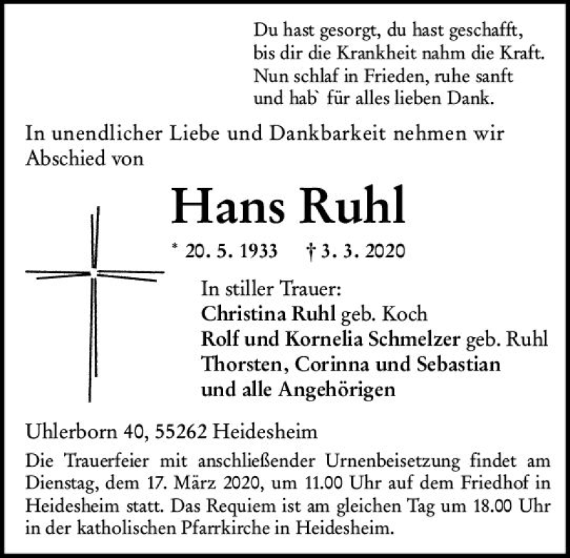  Traueranzeige für Hans Ruhl vom 11.03.2020 aus vrm-trauer