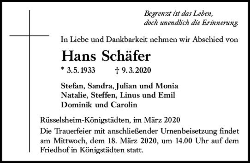  Traueranzeige für Hans Schäfer vom 14.03.2020 aus vrm-trauer