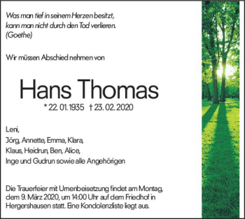 Traueranzeige von Hans Thomas von vrm-trauer