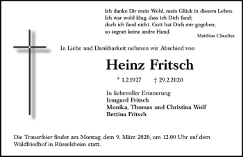 Traueranzeige von Heinz Fritsch von vrm-trauer