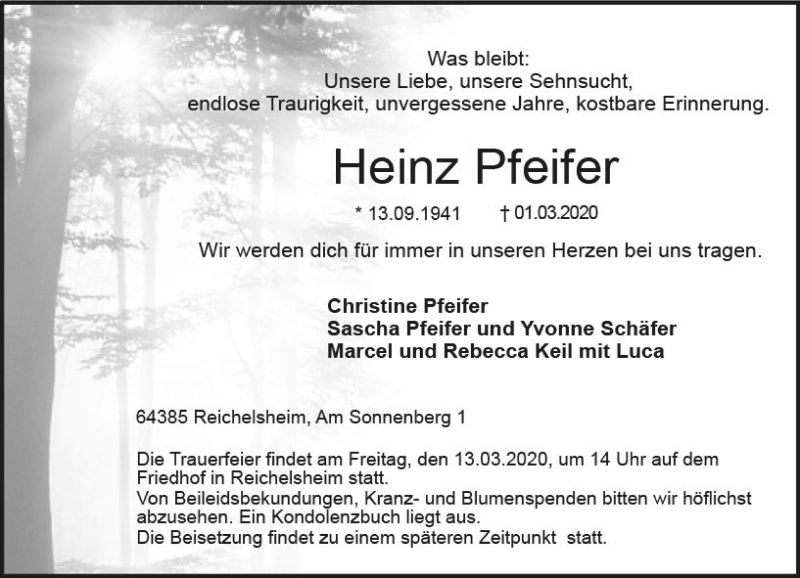  Traueranzeige für Heinz Pfeifer vom 07.03.2020 aus vrm-trauer