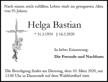 Traueranzeige von Helga Bastian von vrm-trauer