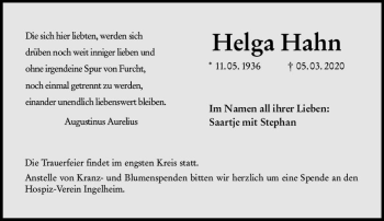 Traueranzeige von Helga Hahn von vrm-trauer