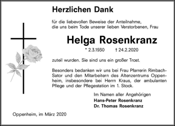 Traueranzeige von Helga Rosenkranz von vrm-trauer