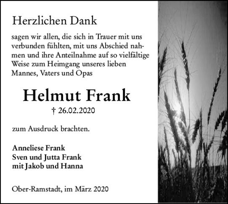  Traueranzeige für Helmut Frank vom 20.03.2020 aus vrm-trauer