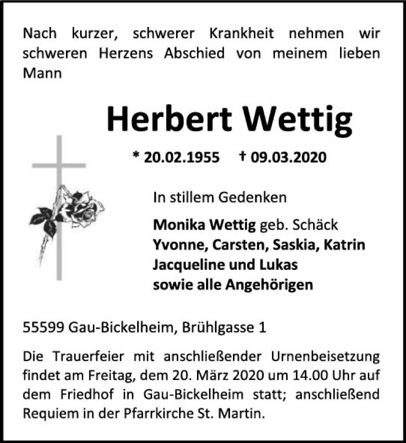  Traueranzeige für Herbert Wettig vom 16.03.2020 aus vrm-trauer