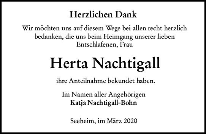  Traueranzeige für Herta Nachtigall vom 14.03.2020 aus vrm-trauer