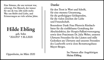Traueranzeige von Hilde Ebeling von vrm-trauer