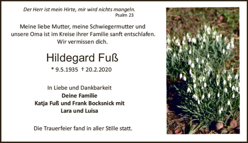  Traueranzeige für Hildegard Fuß vom 07.03.2020 aus vrm-trauer