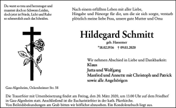 Traueranzeige von Hildegard Schmitt von vrm-trauer