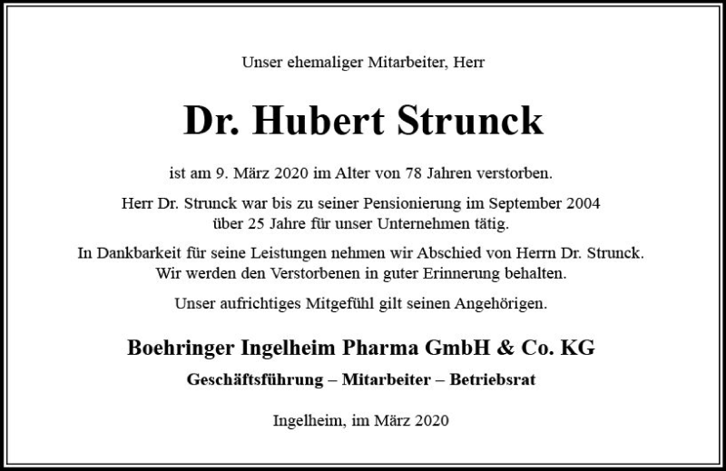  Traueranzeige für Hubert Strunck vom 13.03.2020 aus vrm-trauer