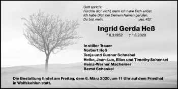 Traueranzeige von Ingrid Gerda Heß von vrm-trauer