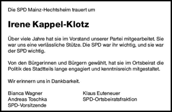 Traueranzeige von Irene Kappel-Klotz von vrm-trauer