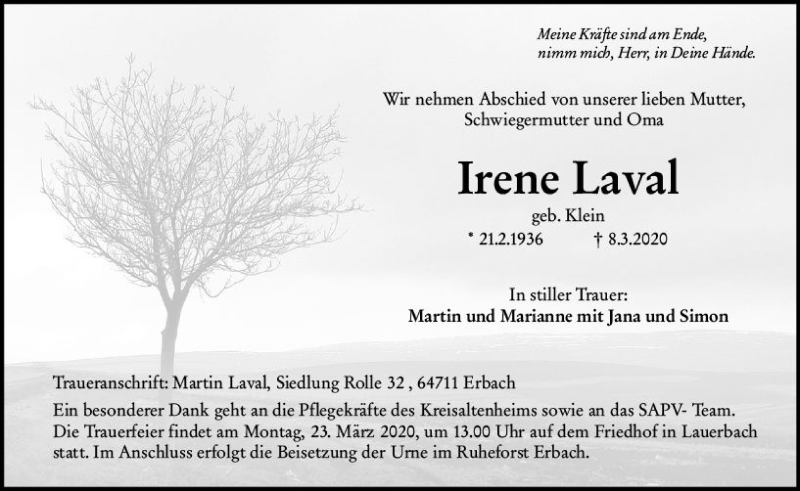  Traueranzeige für Irene Laval vom 14.03.2020 aus vrm-trauer