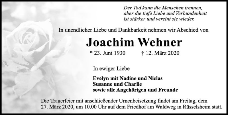  Traueranzeige für Joachim Wehner vom 14.03.2020 aus vrm-trauer