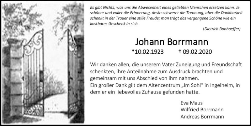  Traueranzeige für Johann Borrmann vom 14.03.2020 aus vrm-trauer