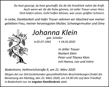 Traueranzeige von Johanna Klein von vrm-trauer