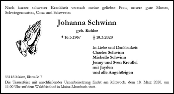 Traueranzeige von Johanna Schwinn von vrm-trauer