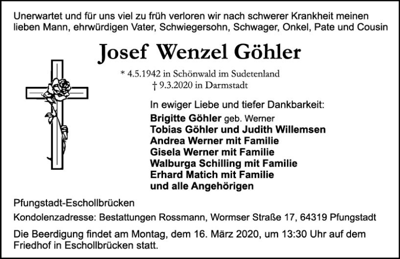  Traueranzeige für Josef Wenzel Göhler vom 14.03.2020 aus vrm-trauer