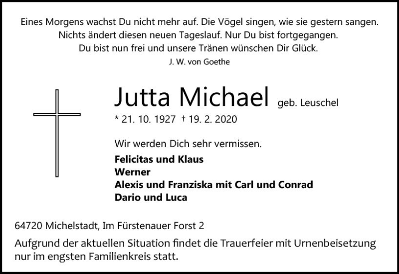  Traueranzeige für Jutta Michael vom 21.03.2020 aus vrm-trauer