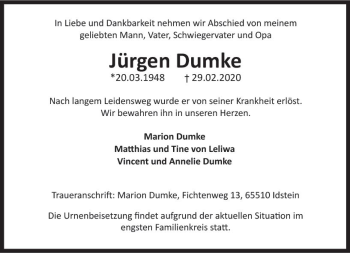 Traueranzeige von Jürgen Dumke von vrm-trauer