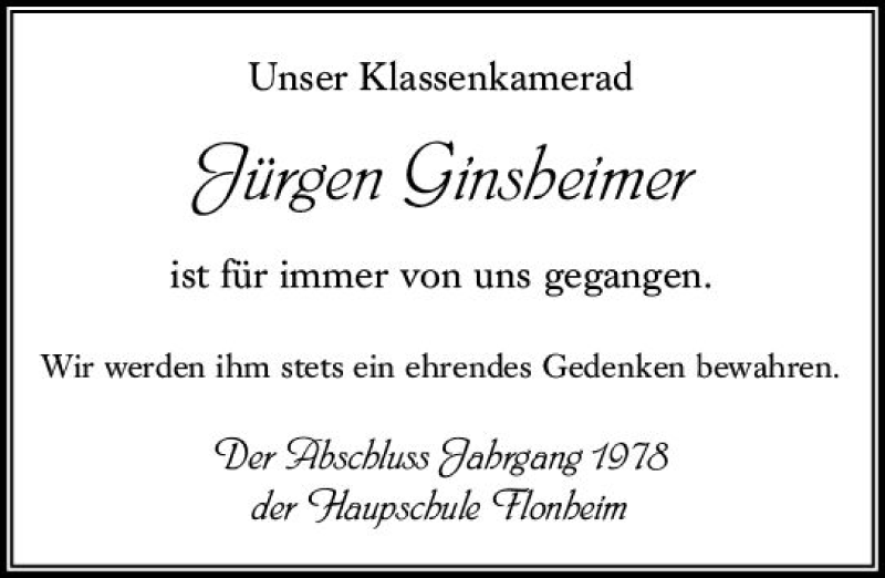  Traueranzeige für Jürgen Ginsheimer vom 26.03.2020 aus vrm-trauer