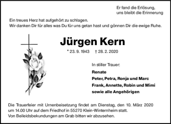 Traueranzeige von Jürgen Kern von vrm-trauer
