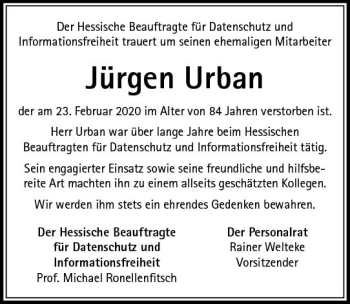 Traueranzeige von Jürgen Urban von vrm-trauer