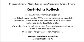 Traueranzeige von Karl-Heinz Kolloch von vrm-trauer