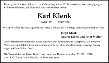 Traueranzeige von Karl Klenk von vrm-trauer